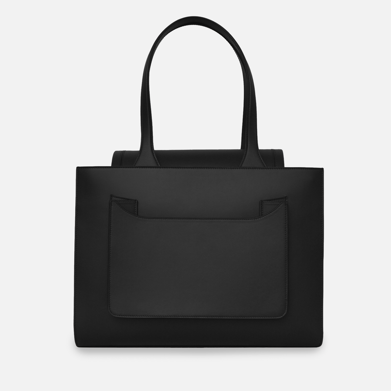 Blck leather tote bag with a minimalist design – Bourse by Susan Szatmáry.