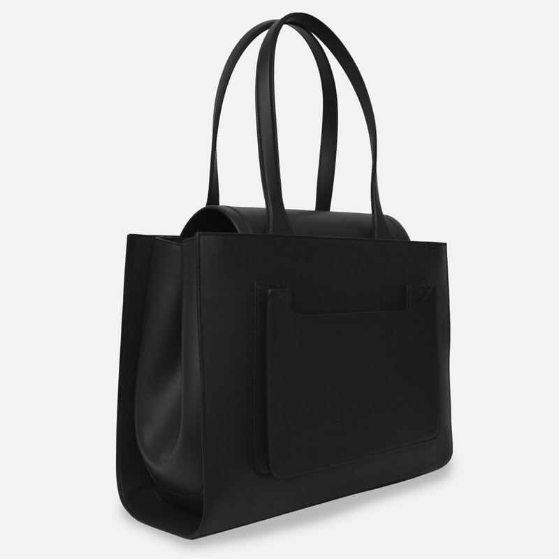 Side view of leather tote bag with a minimalist design – Bourse by Susan Szatmáry. Luxury tote bag for work.